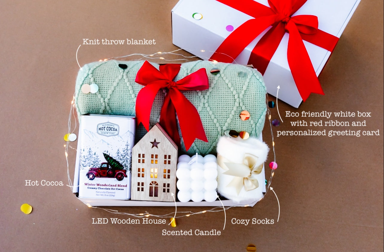 Merry Christmas Cocoa Gift Box – Blanket, Candle, Cozy Socks & Hot Cocoa