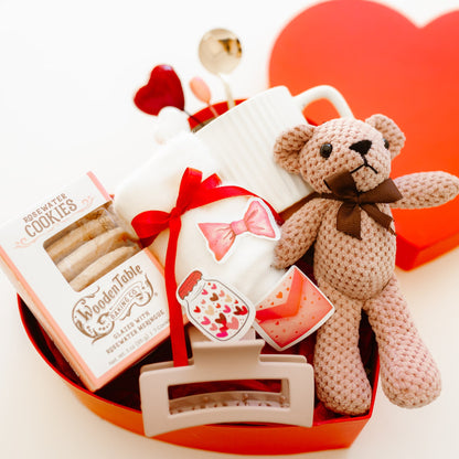 Galentine’s Day personalized gift box for her with plush teddy bear, cozy socks, hair clip, stickers, and custom Valentine’s card