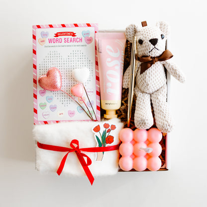 Valentine’s Day Cozy Tea & Teddy Heart Gift Box – Self Care & Sweet Treats for Her