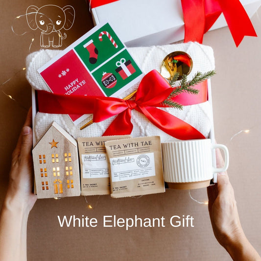 White Elephant Cozy Tea Gift Box – Blanket, Mug, Chai & LED House