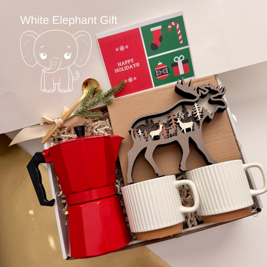 White Elephant Coffee Gift Box – Coffee Maker, 2 Mugs & LED Moose/Bear