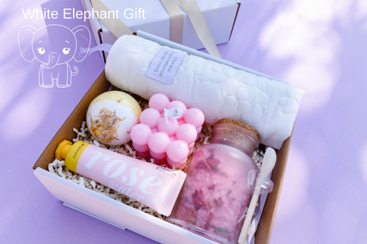 White Elephant Spa Gift Box – Bubble Candle, Bath Bomb & Rose Lotion