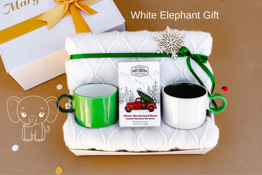 White Elephant Cozy Cocoa Gift Box – Blanket, 2 Mugs & Hot Chocolate