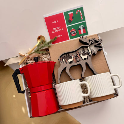 Holiday Coffee Gift Box with Coffee Maker, 2 Mugs & LED Elk/Bear