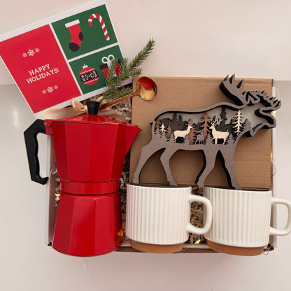 Holiday Coffee Gift Box with Coffee Maker, 2 Mugs & LED Elk/Bear